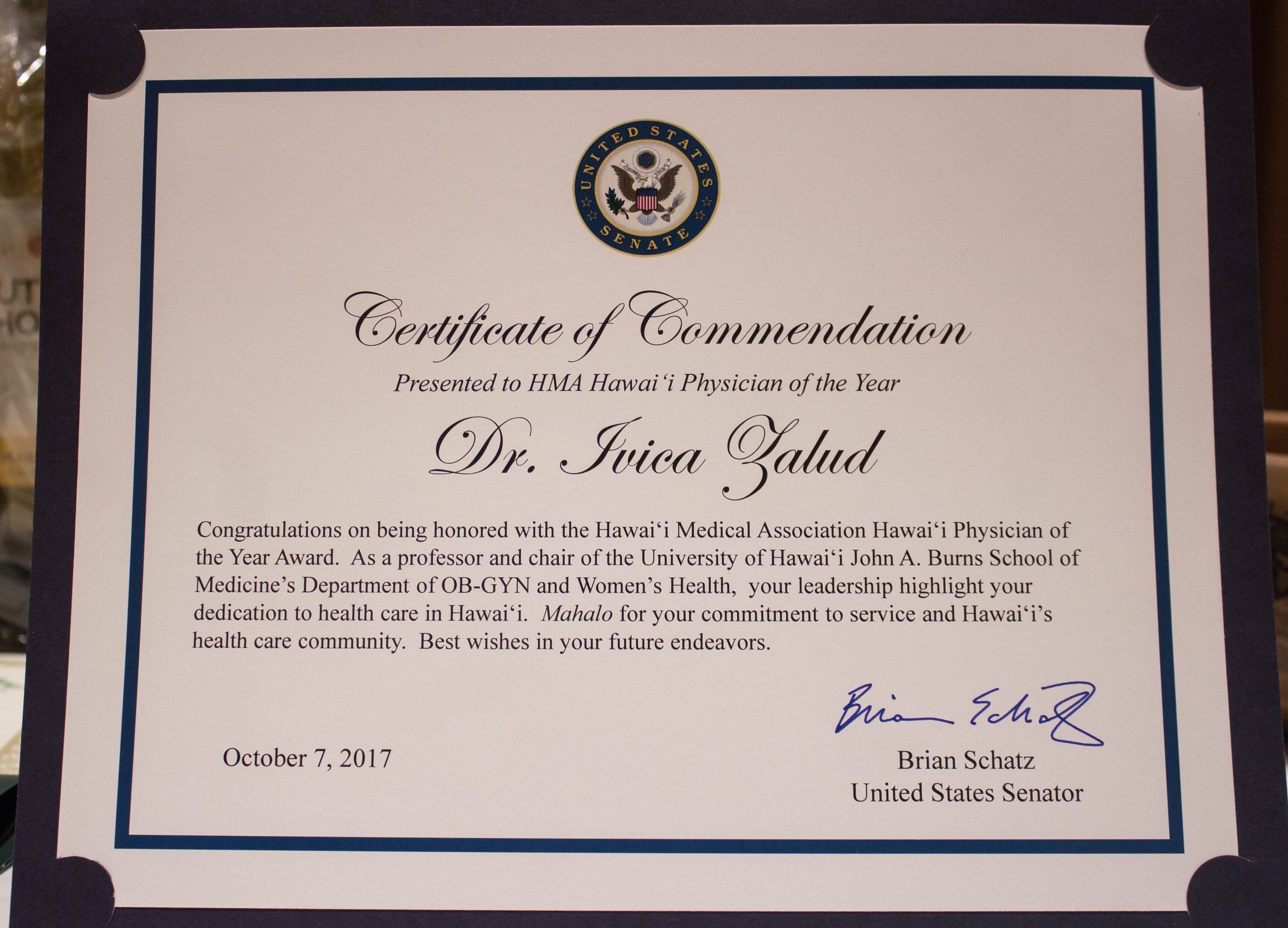 Certificate of Commendation from US Senator Brian Schatz to Dr. Ivica Zalud. Photo taken by Vina Cristobal.